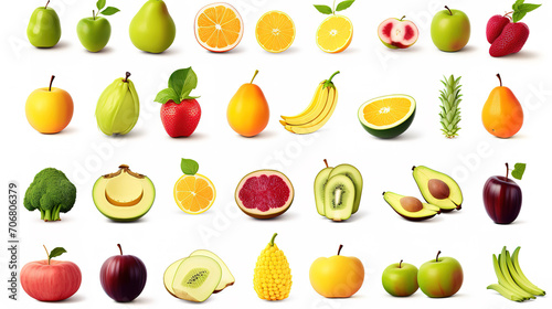 Nutrient Set of different fruits and vegetables on white background
