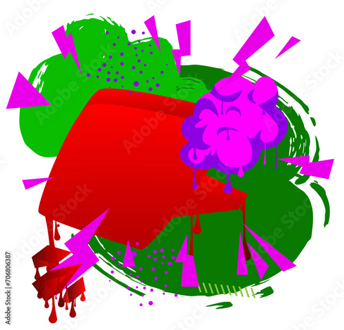 Purple, red, green graffiti speech bubble. Abstract modern Messaging sign street art decoration, Discussion icon performed in urban painting style.