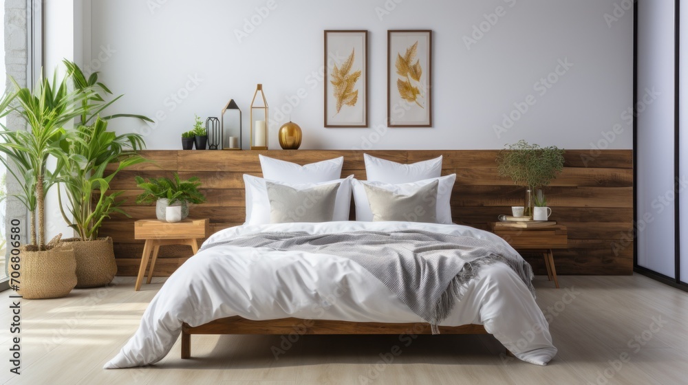 Bedroom with bed, white bed and desk chair, bedside duvet. Front look. Bedroom with bed, white bed and desk chair, bedside duvet. Front look.