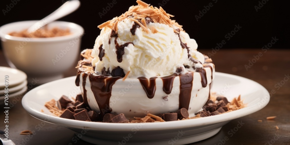 A visual and edible treat, this sctious dessert involves a generous scoop of velvety vanilla ice cream nestled in a pool of warm, homemade hot fudge. Crowned with a fluffy cloud of whipped A visual and edible treat, this sctious dessert involves a generous scoop of velvety vanilla ice cream nestled in a pool of warm, homemade hot fudge. Crowned with a fluffy cloud of whipped