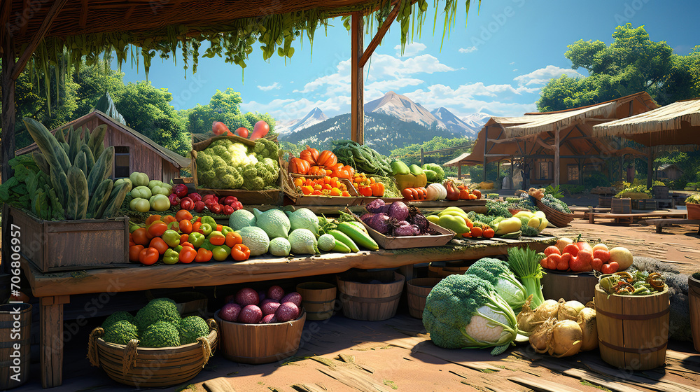 Balanced Farmers' food market stall with variety of organic vegetable - obrazy, fototapety, plakaty 