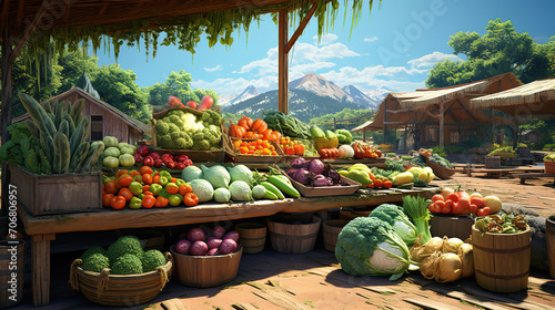 Balanced Farmers' food market stall with variety of organic vegetable