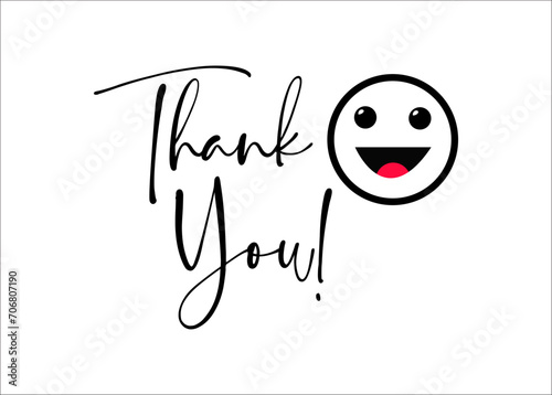 Calligraphic inscription thank you lettering vector monochrome illustration white background black text with smiley face emoji