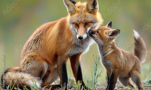 Red Fox Vulpes, The Heartwarming Image of a Red Fox and Kit, Illuminating the Essence of Fox Family Love and Connection. 