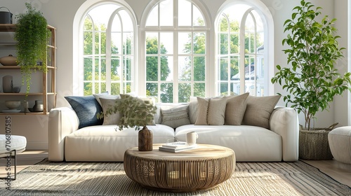Rustic accent round coffee table near fabric sofa with many pillows against arched window. Scandinavian farmhouse style home interior design of modern living room