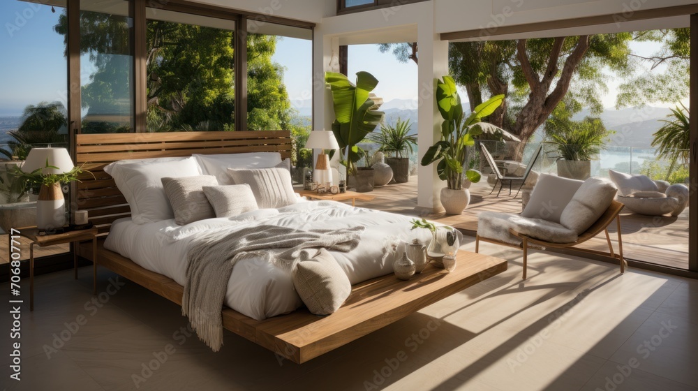 Luxurious bedroom with white sheets and pillows. Interior with garden view windows