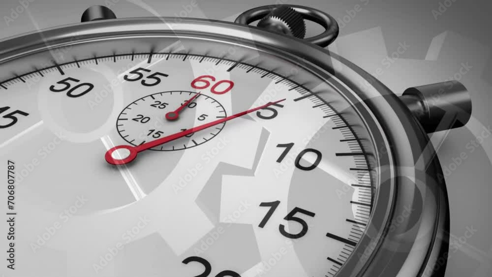 Animation of stop watch ticking over cogs working in background Animation of stop watch ticking over cogs working in background