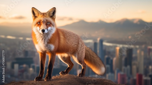 red fox on a hill with urban background photo