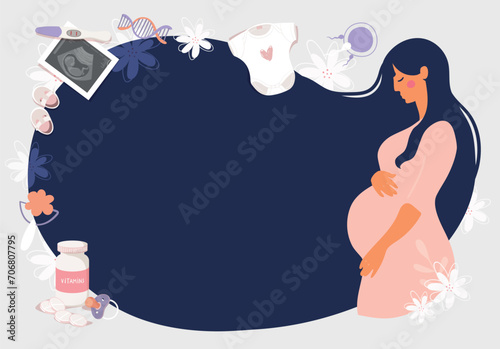 Modern banner with a pregnant woman, pregnancy background with ultrasound picture, positive pregnancy test, pacifier. Flat cartoon vector illustration.