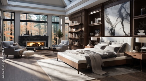 The master bedroom is luxurious with elegant and modern details with a fireplace