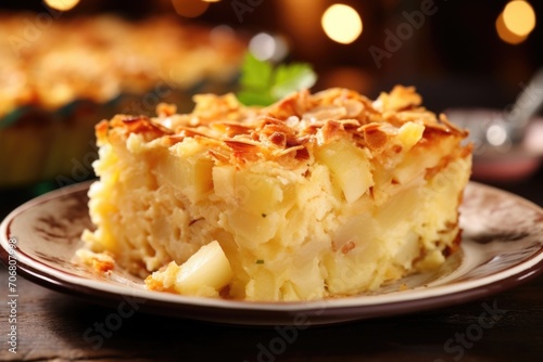 This visually vibrant image captures a luscious sful of kugel, where the creamy, golden interior spills over, revealing accents of succulent diced apples nestled ast the layers, offering photo