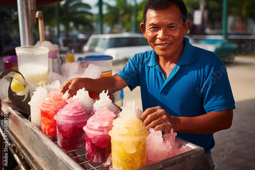 amable hombre con rostro apacible trabaja vendiendo refrescantes raspados panameños. photo