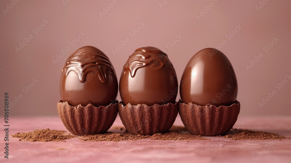 Happy Easter background decoration. Three chocolate Easter eggs on chocolate cups in row on old rose background.