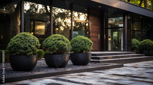 Residential facade design with stone walls and Buxus sempervirens ornamental plants  growing in pots.
