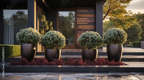 Residential facade design with stone walls and Buxus sempervirens ornamental plants, growing in pots. photo