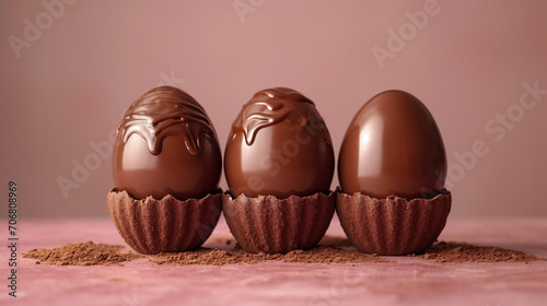 Obraz na płótnie Happy Easter background decoration. Three chocolate Easter eggs on chocolate cups in row on old rose background. w salonie