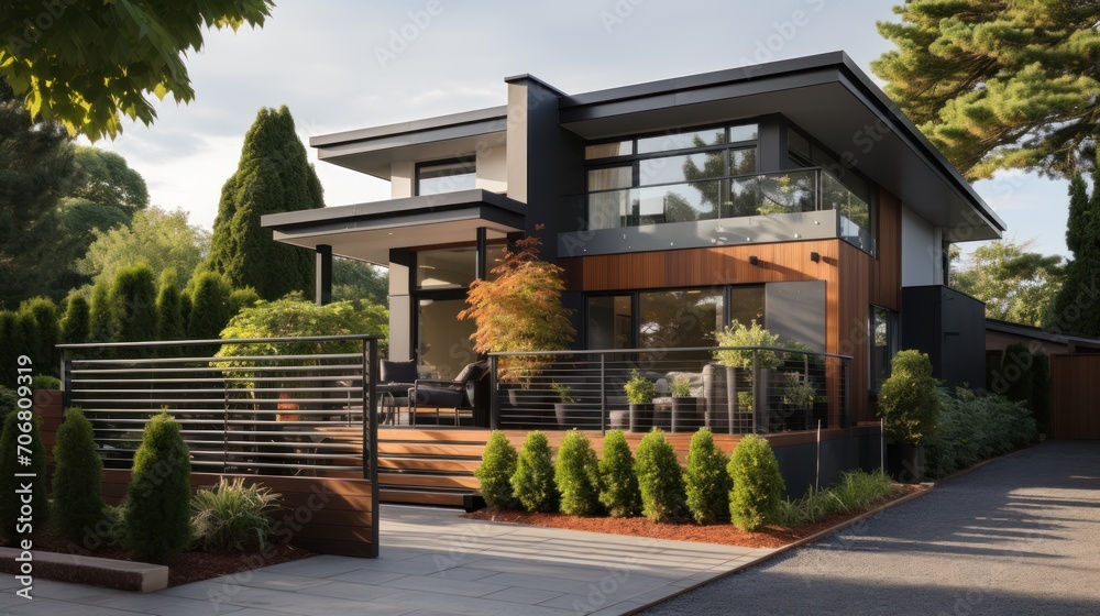 Modern terraced house with metal gate gray fence on suburban street