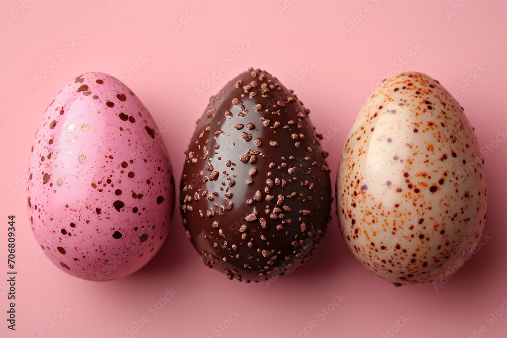 Happy Easter background decoration. Three chocolate Easter eggs in row on rose background.