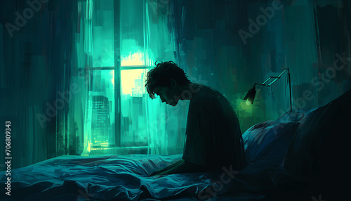 silhouette of a young man sitting alone in his room. Depression, sadness and grief concept illustration. 