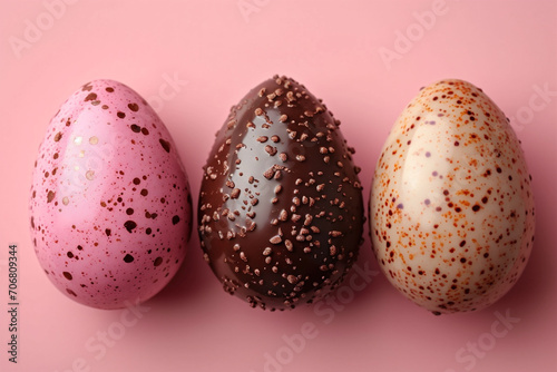 Obraz na płótnie Happy Easter background decoration. Three chocolate Easter eggs in row on rose background. w salonie