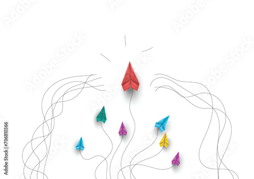 Group of paper airplanes flying.Paper plant in one direction and paper plant pointing in different way on background.Unique,out standing.Vector concept inspiration and think different concept.