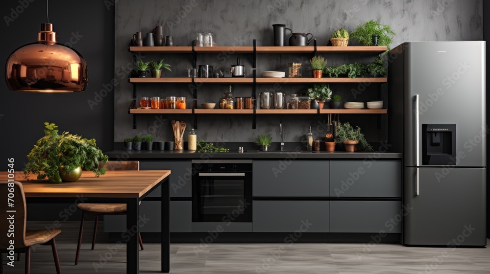 Black interior modern kitchen facade, refrigerator, sink, water tap, fixtures on shelves and plants in cupboard