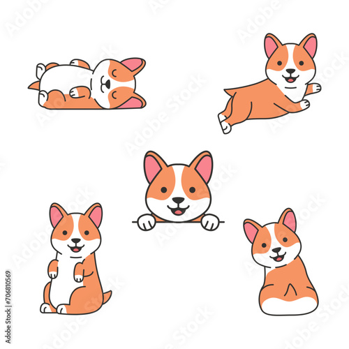 Cute corgi dogs set. Vector illustration isolated on white background.