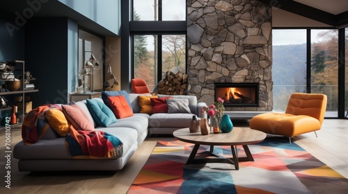 Modern living room with fireplace, sofa and patterned carpet. Wall motifs with many shapes and colors