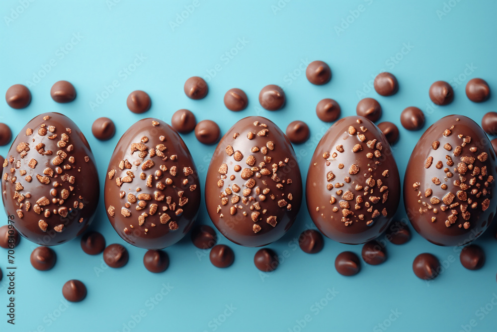 Happy Easter decoration background. Chocolate Easter eggs banner on light blue background.