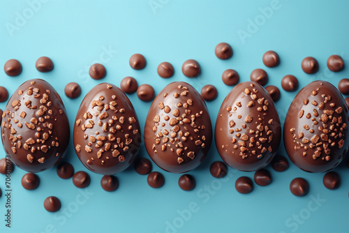 Obraz na płótnie Happy Easter decoration background. Chocolate Easter eggs banner on light blue background. w salonie