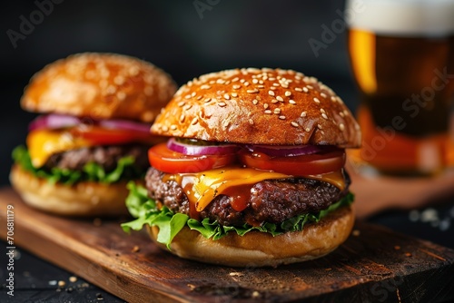 Two delicious homemade burgers of beef, cheese and vegetables on an old wooden table.