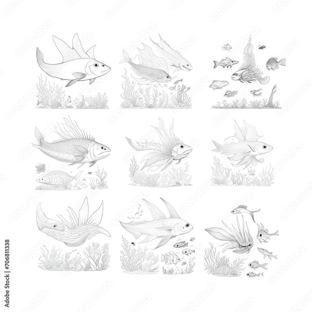 Fototapeta premium Sea creatures, kids coloring book, fish