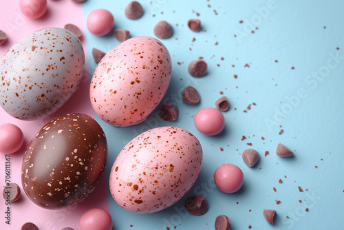 Obraz na płótnie Happy Easter decoration background. Chocolate Easter eggs banner on light blue and pink background. w salonie