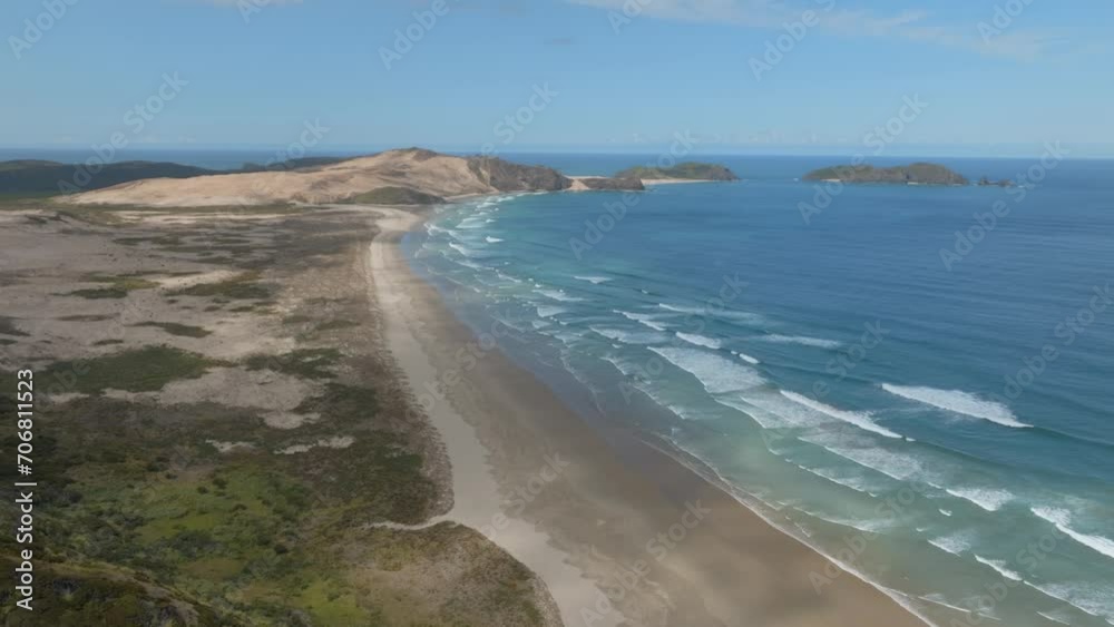 Aerial: Beach and sand dunes at Cape Reinga, Northland, New Zealand.