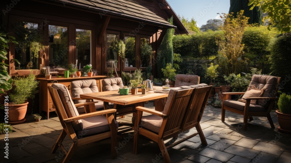 Obraz premium Neat terrace with wooden furniture and garden