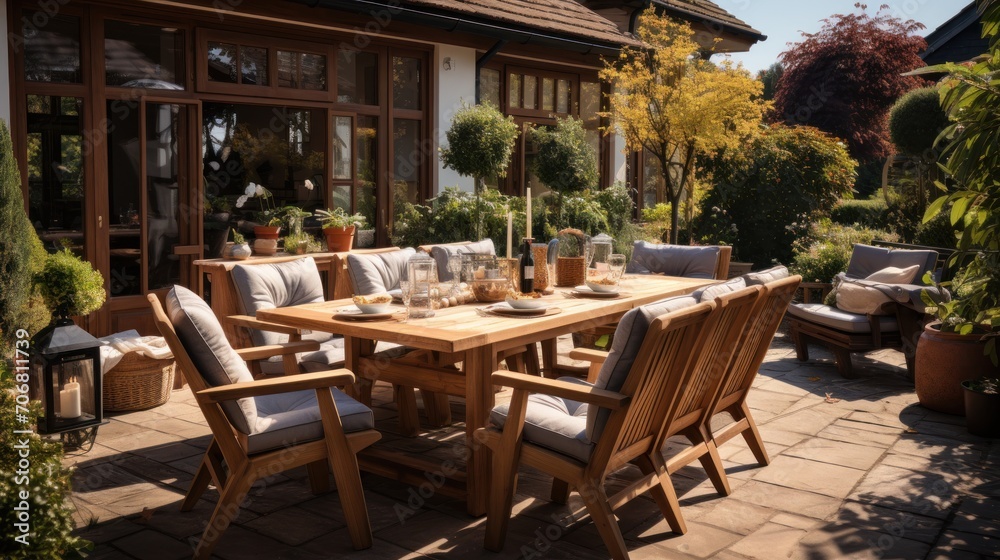 Neat terrace with wooden furniture and garden Neat terrace with wooden furniture and garden