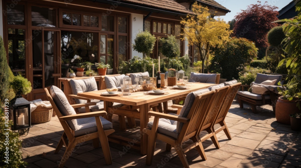 Neat terrace with wooden furniture and garden