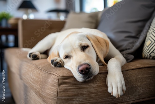 A white Labrador lying on a brown sofa.