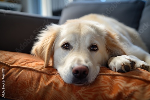 A beautiful white Labrador on an orange sofa.