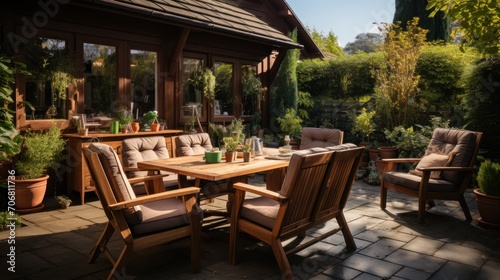 Neat terrace with wooden furniture and garden