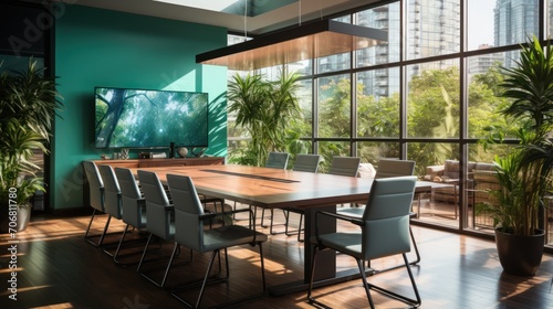 Conference room or meeting room with tables  chairs and plasma screen.