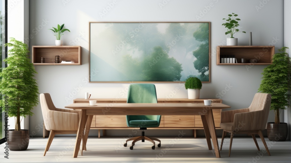 Fototapeta premium office space with table, chairs and shelves and white wall background