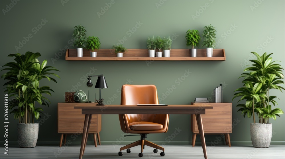 office space with table, chairs and shelves and white wall background office space with table, chairs and shelves and white wall background
