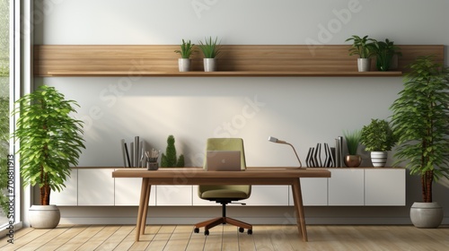 office space with table  chairs and shelves and white wall background