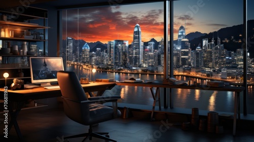Office room with computer, desk, chair, glass wall with night city view.
