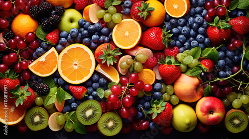 Nutrient Assortment of healthy raw fruits and berries platter background, strawberries raspberries © Dilruba