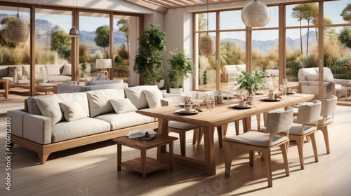 Open dining and living room interior with beige sofa, wooden table, cream colored chairs and plants.