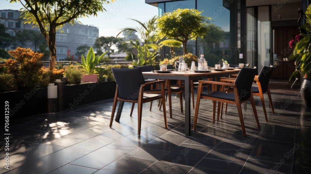 Outdoor patio area with gray floor tiles with seating