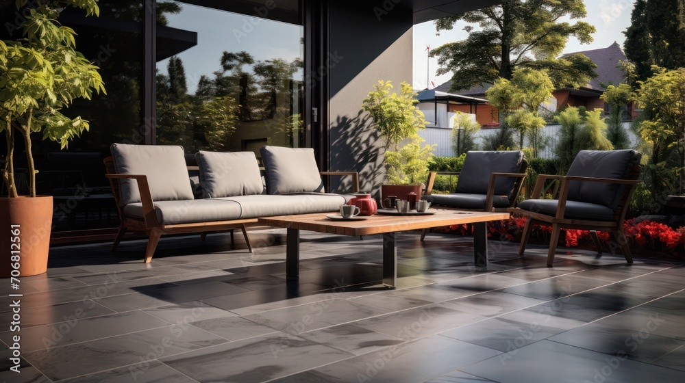 Outdoor patio area with gray floor tiles with seating