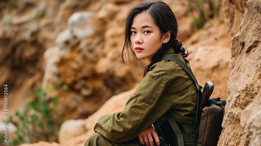 A young Asian woman, dressed in a soldier's outfit with a backpack, sits on a rock